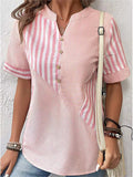 Women's Casual Stripe Patchwork V Neck Short Sleeve T-Shirt