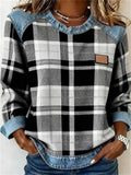 Women's ‌Plaid Denim Patchwork Color Block Casual Sweatshirts