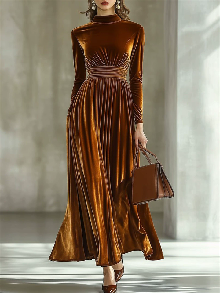 Women's Elegant Semi-high Neck Slim-fit Pleated Velvet Long Dress