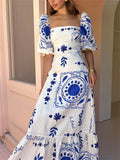 Women's Flower Printed Square Neck Lantern Sleeve Dresses