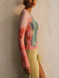 Women Vintage Graphic Sheer Long Sleeve Slim Fit Mesh Top