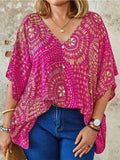 Plus Size Women's Summer Boho Style Print V Neck Short Sleeve Shirt