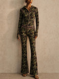 Women Camo 2 Piece Set Hooded Zip Up Top and High Waist Flare Pants