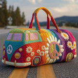 Colorful Hippie Van Flowers Quilted Duffle Bag