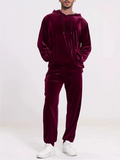 Men's Casual Plain Color Velvet Hoodie Joggers Set with Pockets