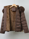 Women's Winter Solid Color Belted Fleeced Coat with Faux Fur Collar
