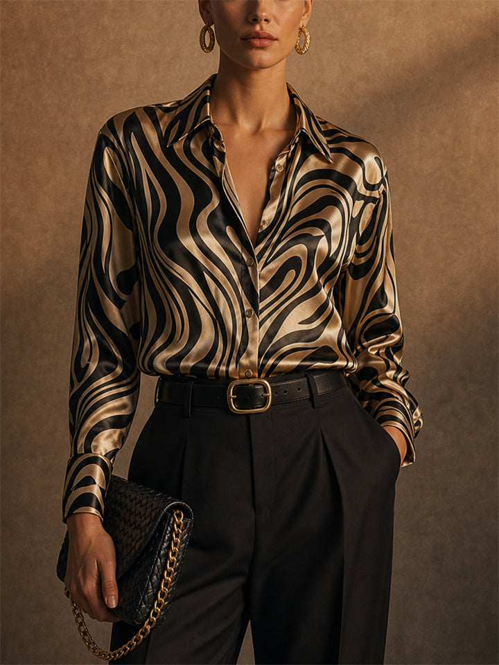 Womens Abstract Zebra Satin Button Down Long Sleeve Blouse