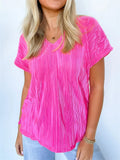 Women's Solid Color Striped V Neck Casual Short Sleeve Shirts