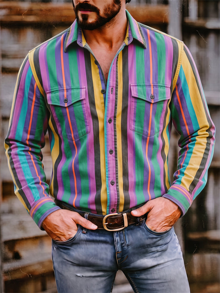 Men Striped Button Down Long Sleeve Chest Pocket Shirts