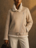 Womens Oversized Faux Shearling Aviator Biker Jacket with Zipper Pocket