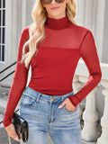 Women's Solid Color Mesh Patchwork High Neck Long-sleeve Undershirt