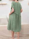 Simple Relaxed Plain V-neck Midi Dress for Women