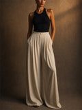 Women Elegant High Waist Wide Leg Pleated Palazzo Trousers