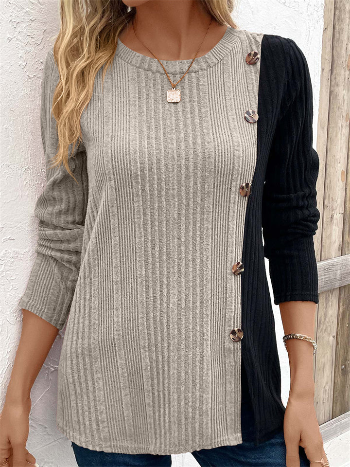 Women's Casual Contrast Color Round Neck Long Sleeve Shirt