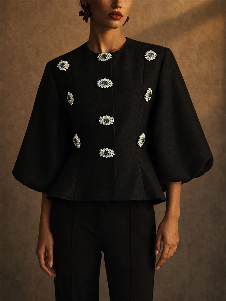 Women Faux Emerald Jewel Button Puff Sleeve Peplum Top