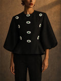 Women Faux Emerald Jewel Button Puff Sleeve Peplum Top