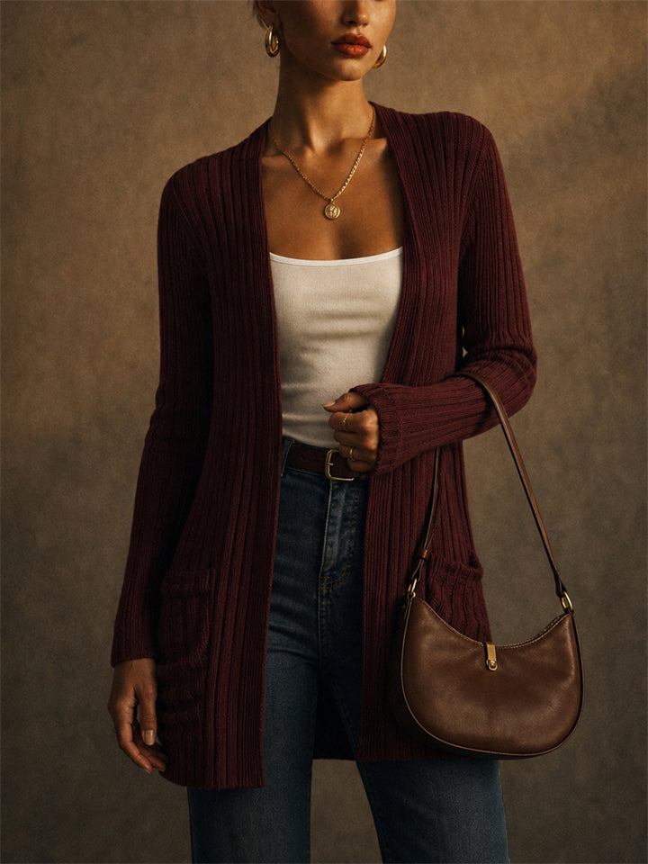 Women Ribbed Knit Open Front Cardigan with Pleated Pockets