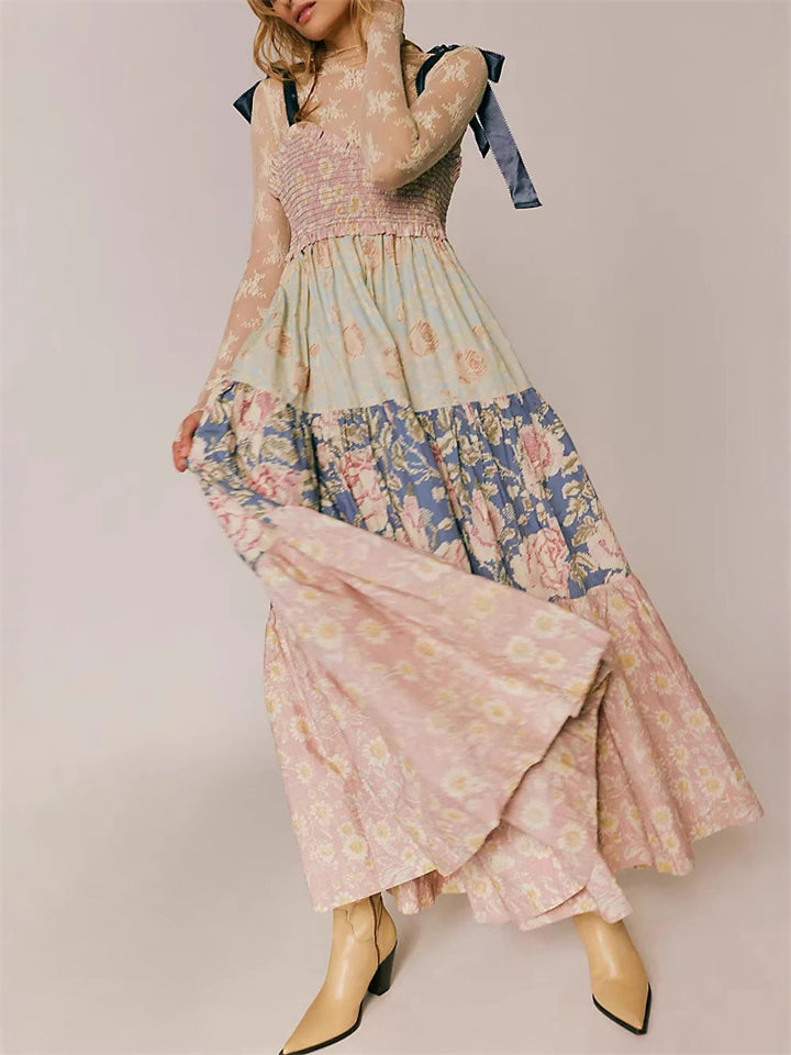 Women's Summer French Style Print Patchwork Strap Dress