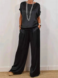 Women's Causal Solid Color Satin Round Neck Shirt &Pants Set