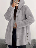 Women's Winter Solid Color Pit Stripe  Button Up Hooded Fleece Coats