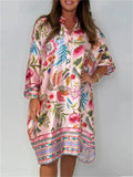Women's V Neck Trendy Flowers Printed 3/4 Sleeve Dress