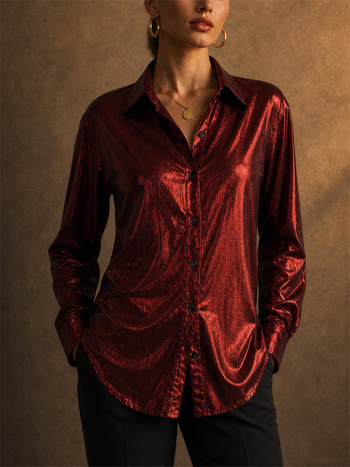 Womens Red Metallic Shiny Long Sleeve Button Down Blouses