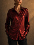 Womens Red Metallic Shiny Long Sleeve Button Down Blouses
