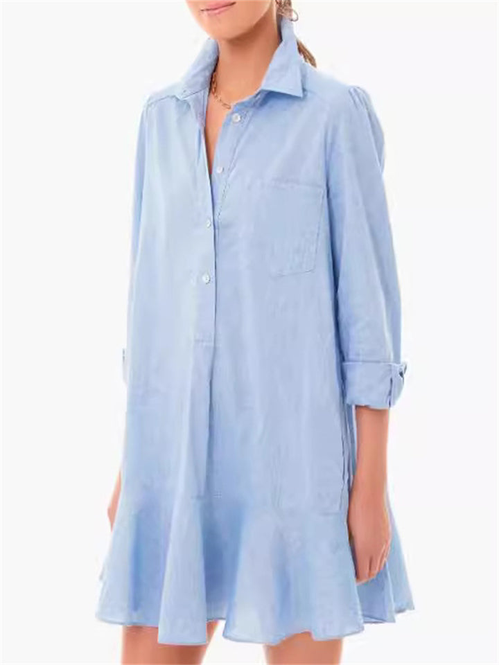 Women's Cotton Solid Color Pockets Long Sleeve Ruffled Hem Blouses