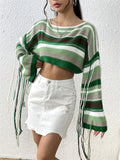 Women's Trendy Rainbow Striped Fringe Long Sleeve Crop Sweaters