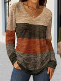 Plus Size Women's Casual Contrast Color V Neck Long Sleeve T-Shirts
