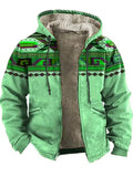 ‌Men's Fleece Lined Zip Up Hooded Coat with Ethnic Style Print