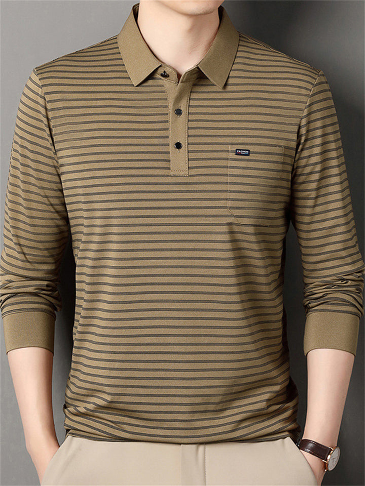 Men's Casual Stripe Pockets Lapel Long Sleeve Shirts