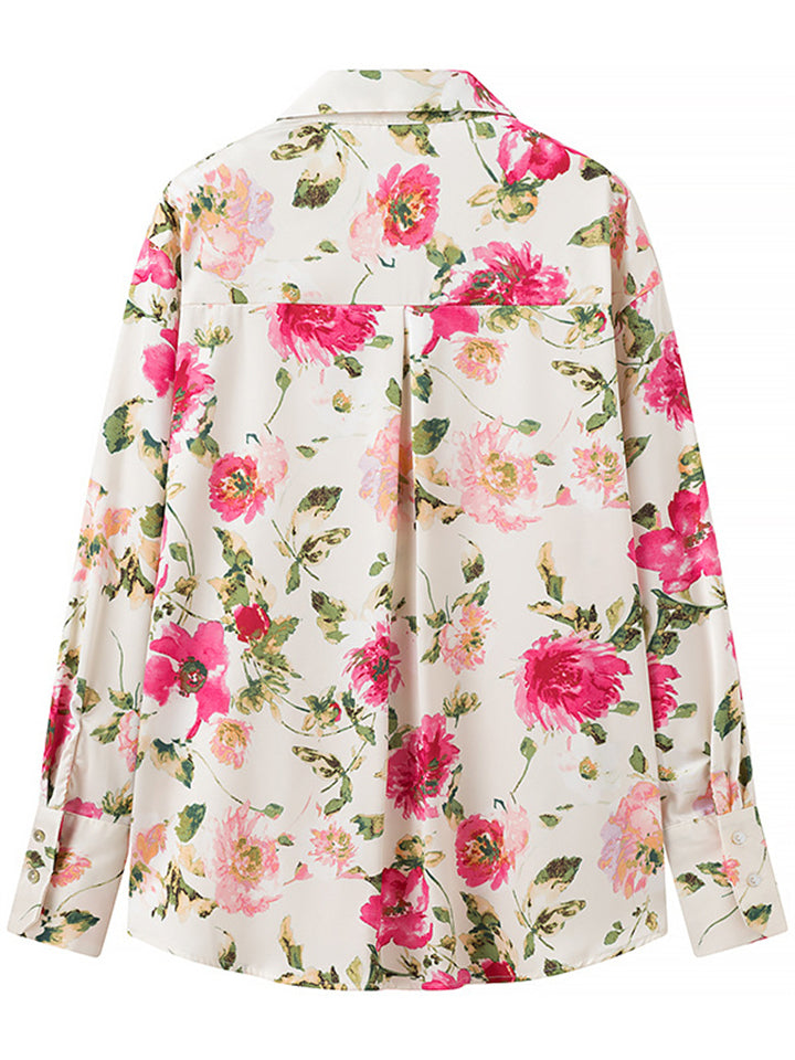 Women's Floral Print Lapel Holiday Style Long Sleeve Blouses