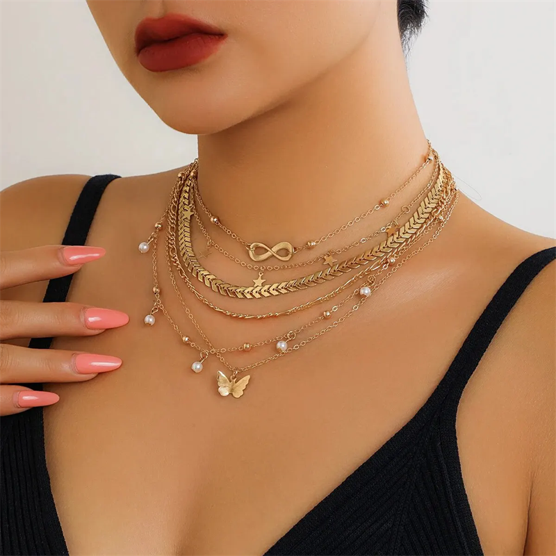 Women's 6pcs/Set Star Butterfly Artificial Pearl Chain Necklaces