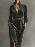 A‌utumn Elegant Black Pullover Side Slit High Waist Maxi Dress for Women‌