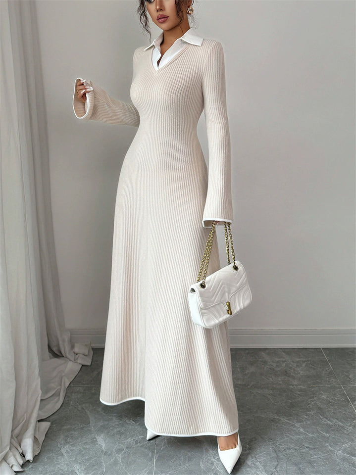 Spring Autumn Long Sleeve Casual Office Women's Knitted V Neck Maxi Dress