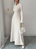 Spring Autumn Long Sleeve Casual Office Women's Knitted V Neck Maxi Dress
