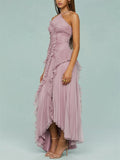 Women's Elegant Solid Color Ruffled Pleated Halter Evening Dress