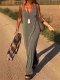 Women's Summer Solid Color V Neck Sleeveless Maxi Dress