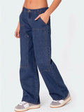 Women's Retro Solid Color Mid-Rise Cargo Straight Denim Pants