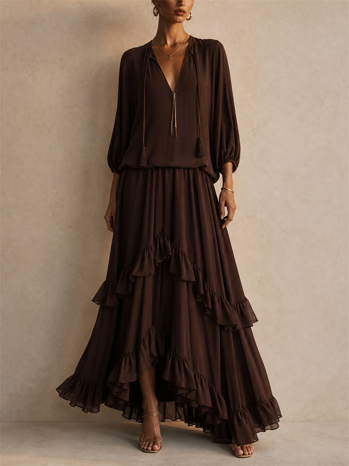 Womens Chiffon Boho 2 Piece V Neck Tassel Top Ruffle Maxi Skirt Set
