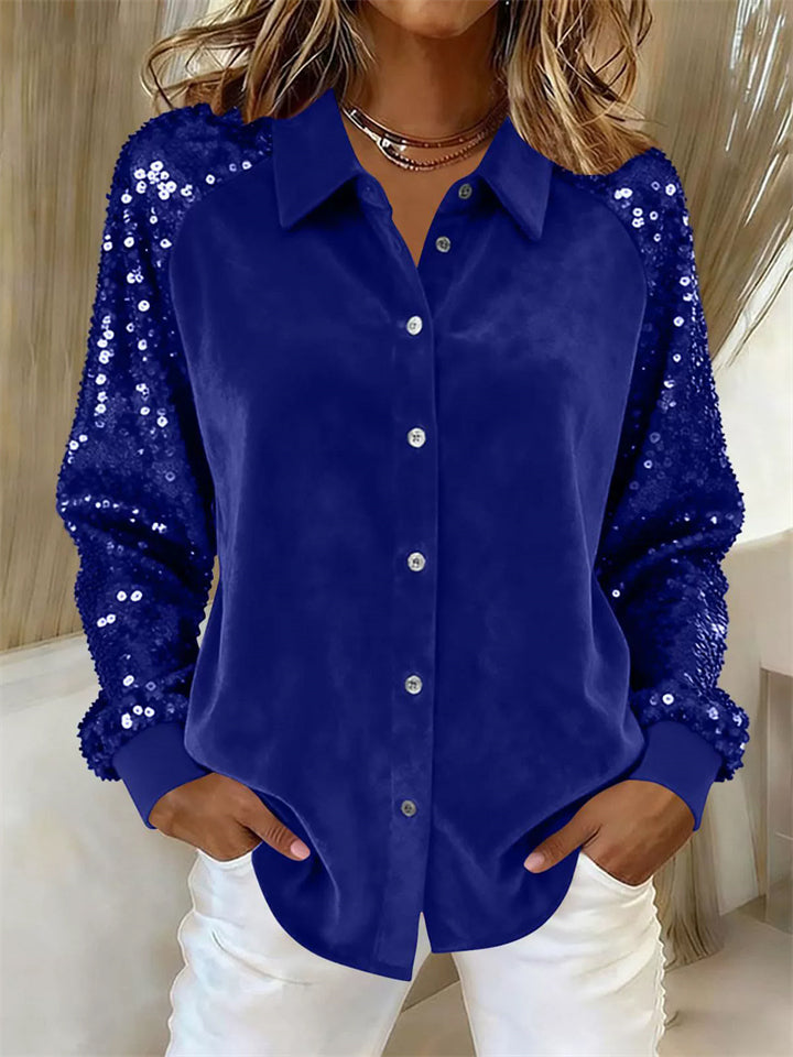 Autumn Velvet Sequin Sleeve Patchwork Button Up Casual Blouses for Women