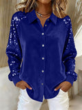 Autumn Velvet Sequin Sleeve Patchwork Button Up Casual Blouses for Women