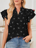 Women's Summer Bowtie Print V neck Lotus Sleeve Chiffon Shirts