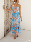 Female Spaghetti Strap French Style Printed Low-cut Dress
