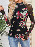 Women's Floral Print Mock Neck Long Sleeve T Shirts