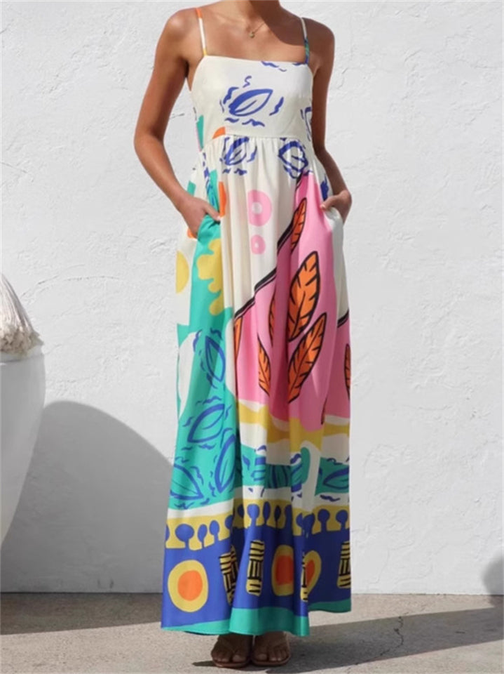 Women's Summer Holiday Style Printed Big Hem Strap Maxi Dress