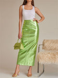Women's Summer Trendy Back Slit PU Long Skirt