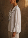 Womens Ruffle V Neck Contrast Trim Puff Sleeve Button Blouse