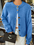 Ladies' Casual Simple Round Neck Button Long-sleeved Sweaters
